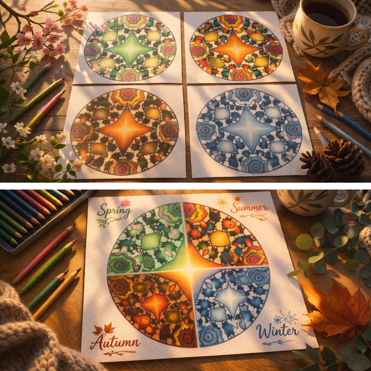 Same mandala in four seasonal palettes